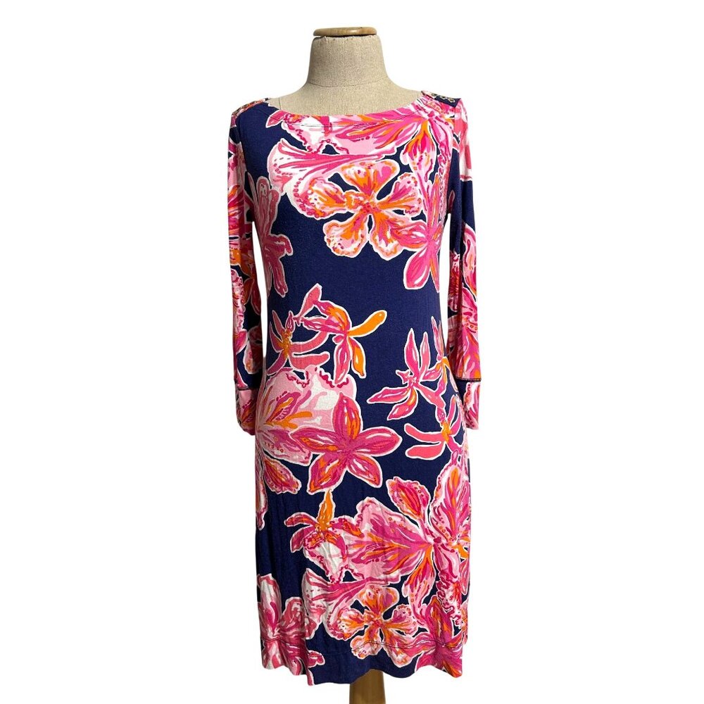 Lilly Pulitzer Women's Sz Small Floral Print 3/4 Sleeve Casual Dress Navy/Pink